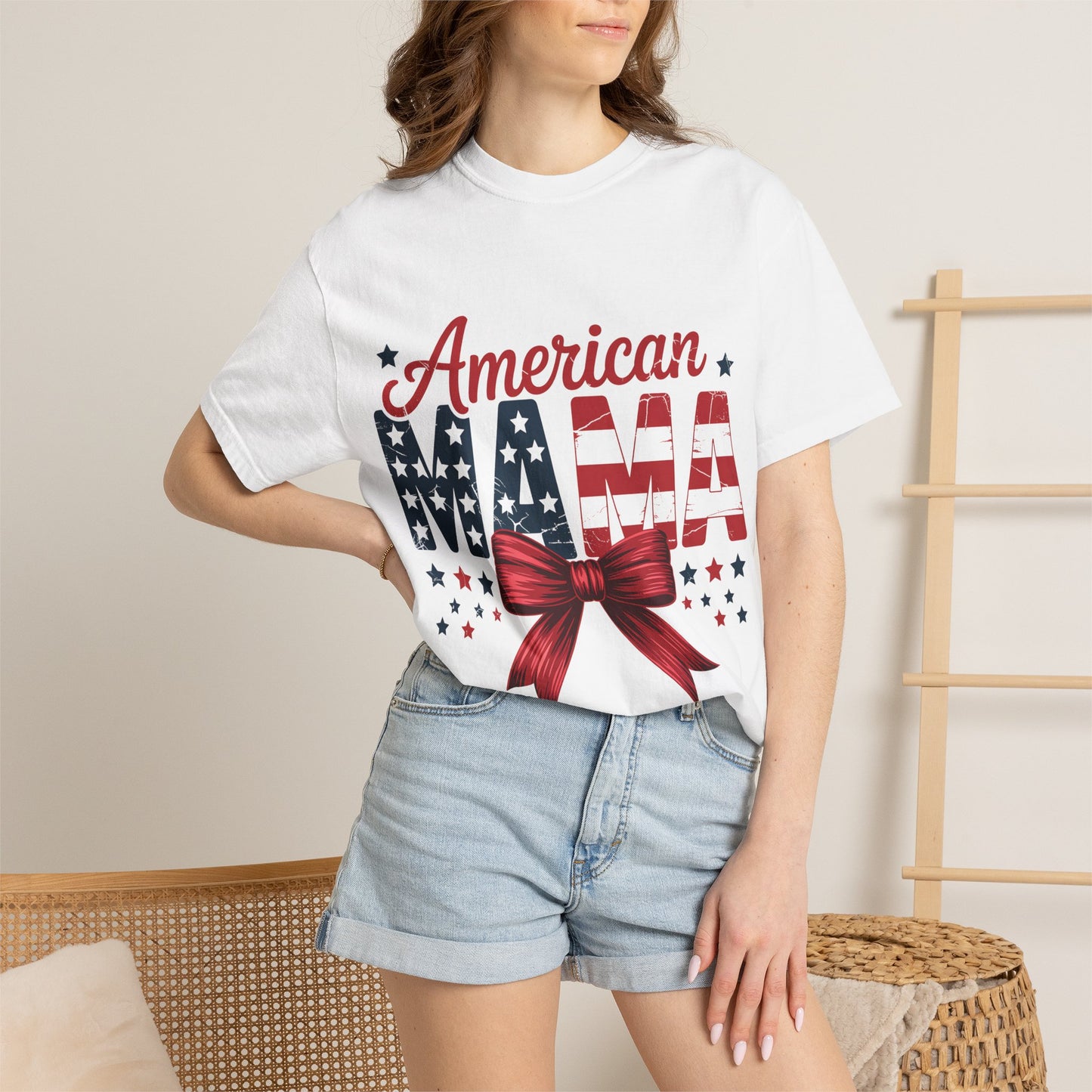 American Mama Patriotic T-Shirt - Stars & Stripes Mom Tee with Red Bow