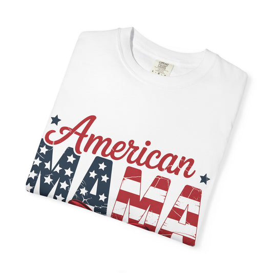 American Mama Patriotic T-Shirt - Stars & Stripes Mom Tee with Red Bow