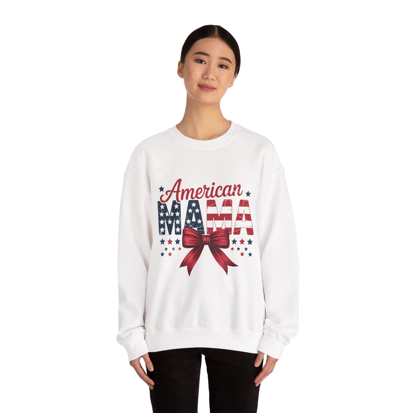 American Mama Crewneck Sweatshirt — Patriotic Stars & Stripes Design with Red Bow