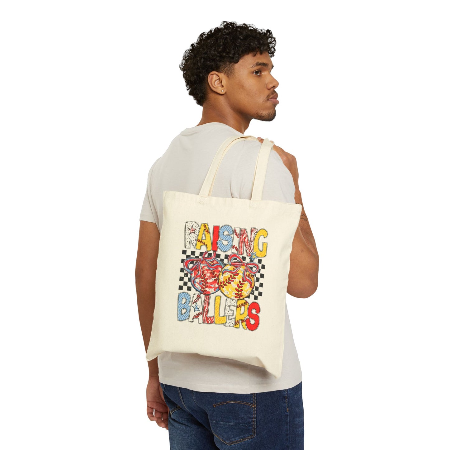 Baseball Mom Canvas Tote Bag – “Raising Ballers” Retro Softball Design