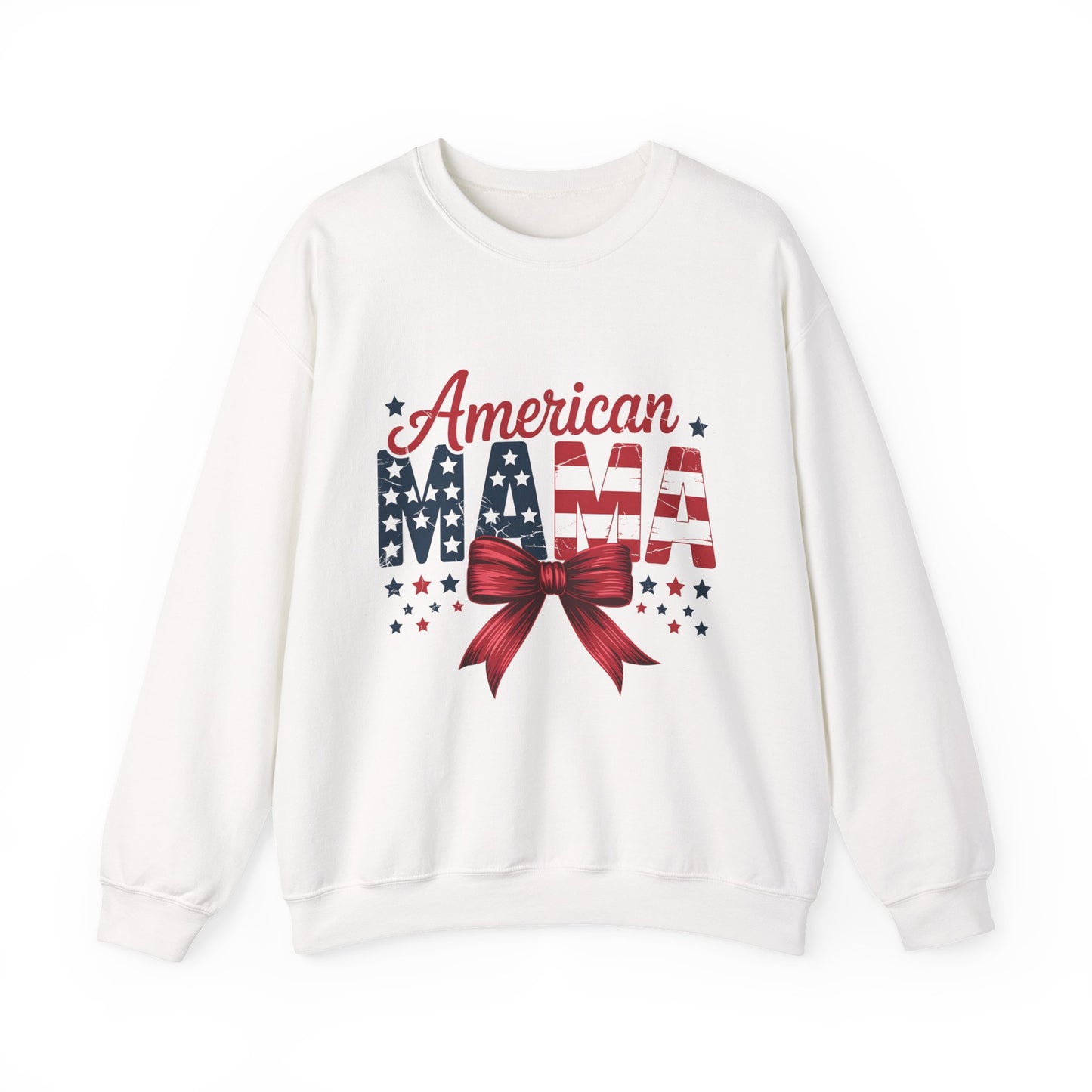 American Mama Crewneck Sweatshirt — Patriotic Stars & Stripes Design with Red Bow