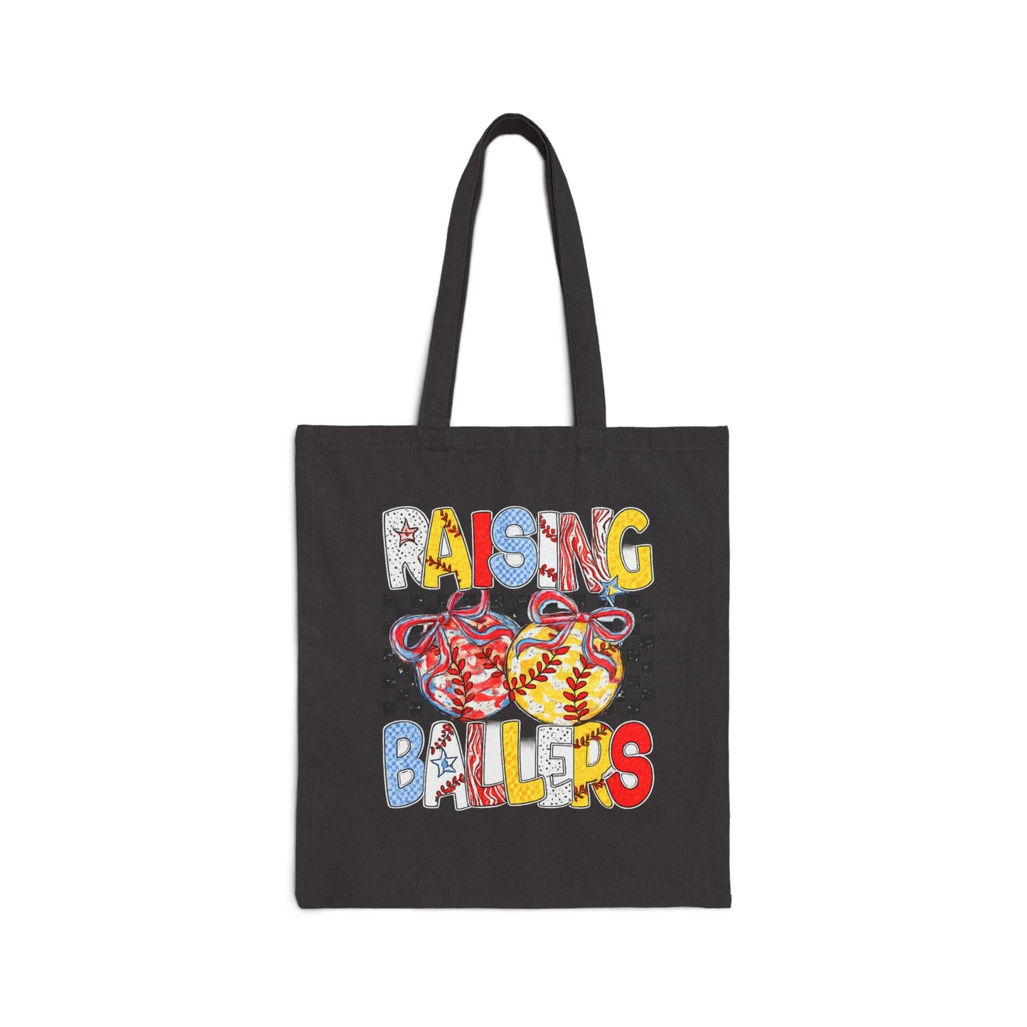 Baseball Mom Canvas Tote Bag – “Raising Ballers” Retro Softball Design