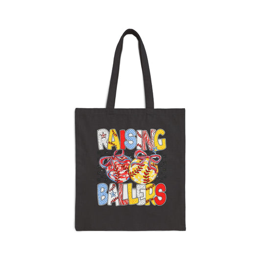 Baseball Mom Canvas Tote Bag – “Raising Ballers” Retro Softball Design