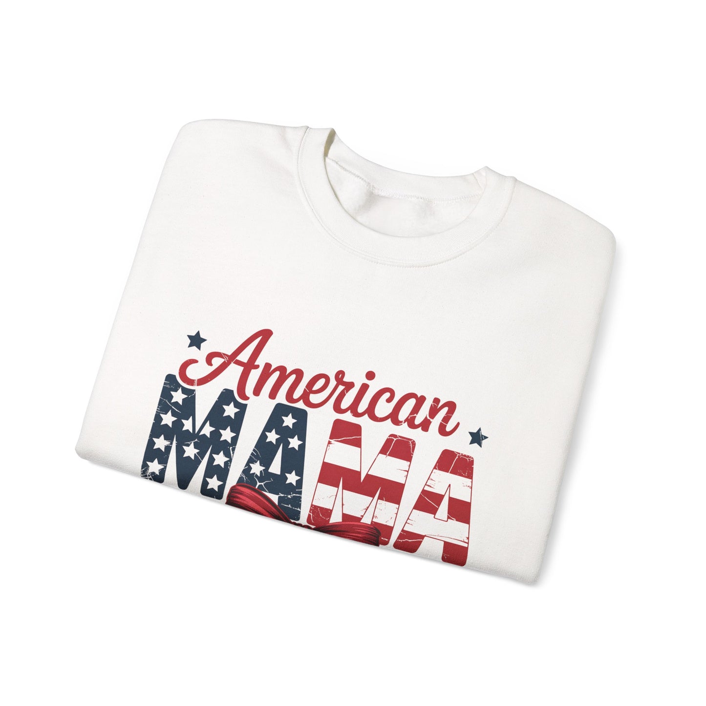 American Mama Crewneck Sweatshirt — Patriotic Stars & Stripes Design with Red Bow