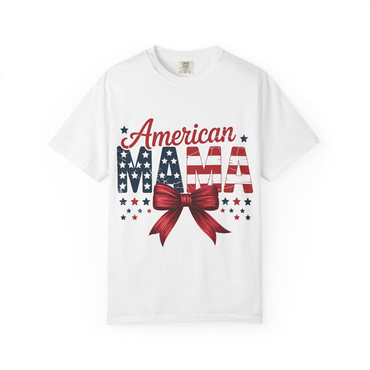 American Mama Patriotic T-Shirt - Stars & Stripes Mom Tee with Red Bow