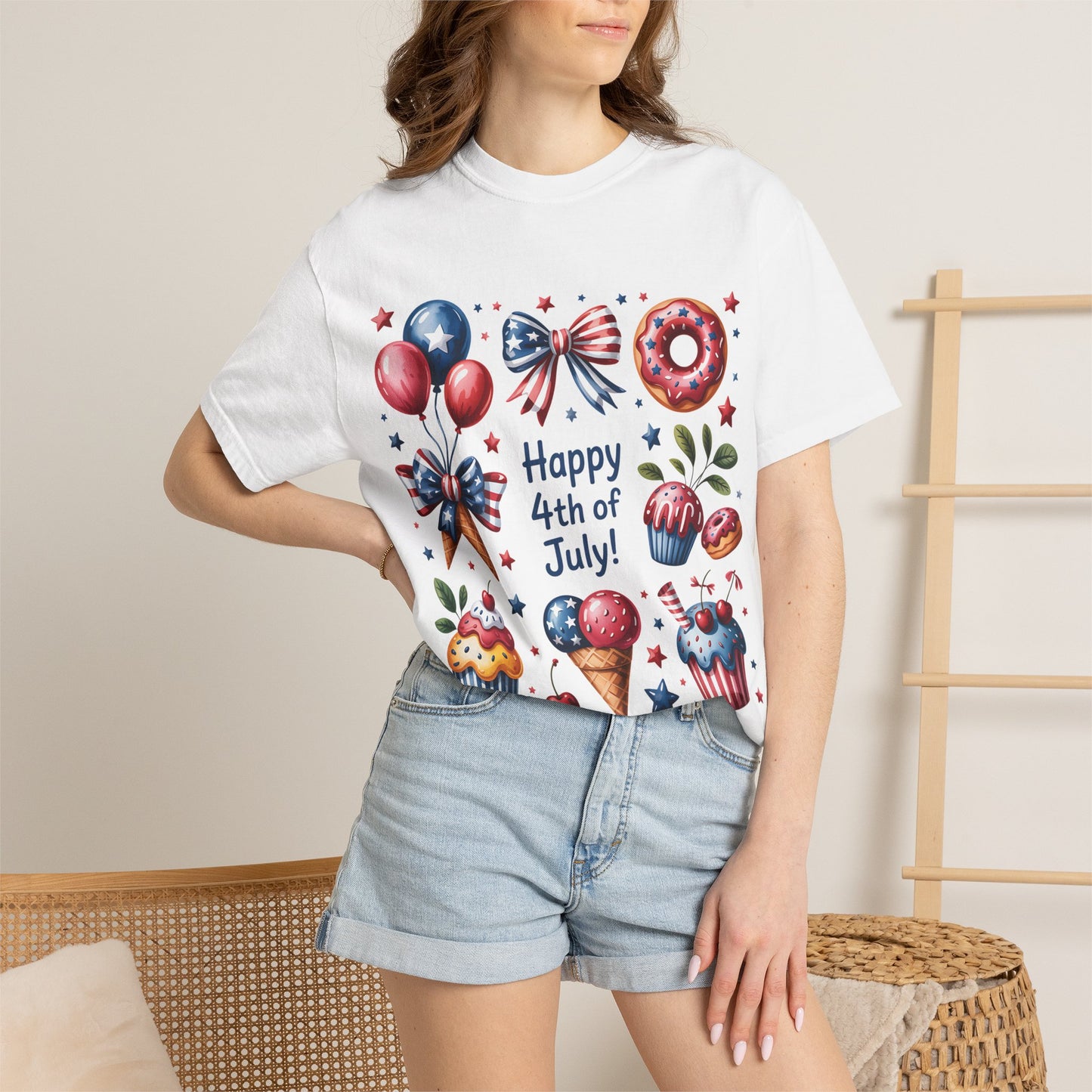 4th of July Patriotic T-Shirt — Happy 4th of July Cupcakes & Fireworks Design