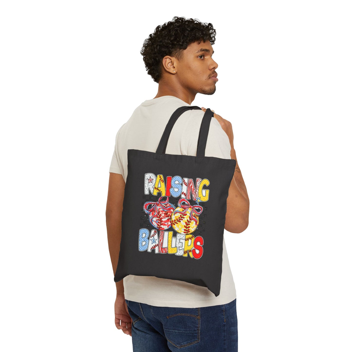 Baseball Mom Canvas Tote Bag – “Raising Ballers” Retro Softball Design
