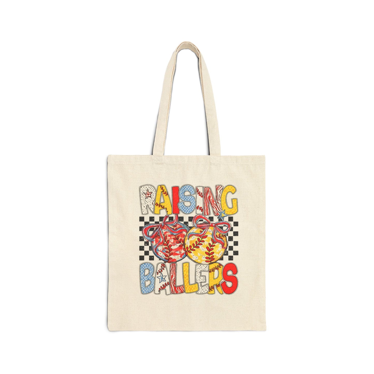 Baseball Mom Canvas Tote Bag – “Raising Ballers” Retro Softball Design