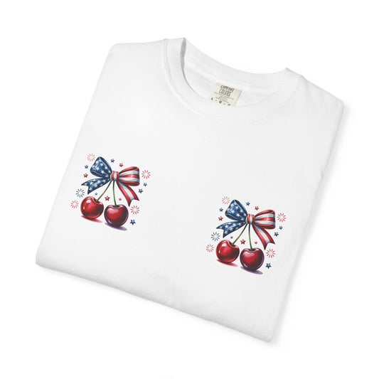 Patriotic Cherry T-Shirt — American Flag Bow Graphic