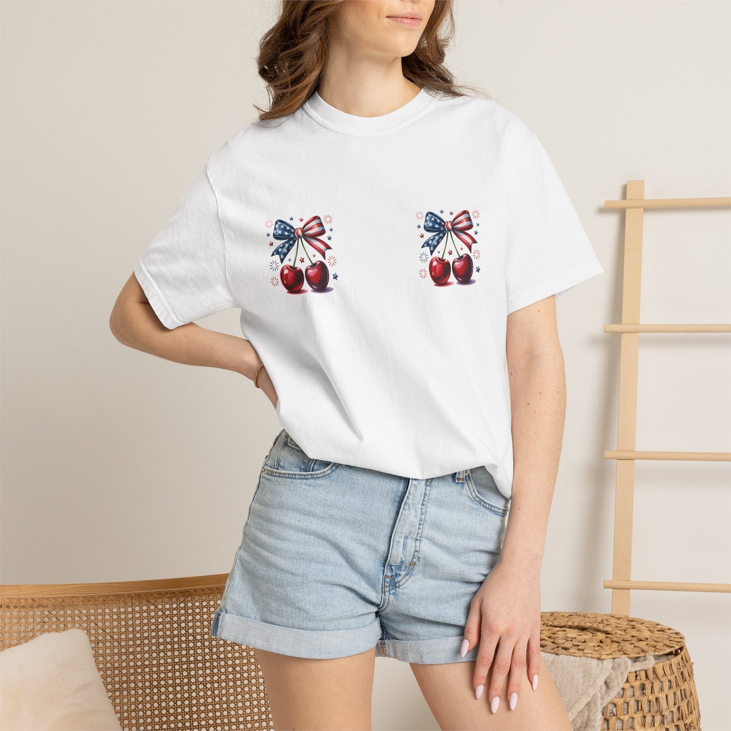 Patriotic Cherry T-Shirt — American Flag Bow Graphic