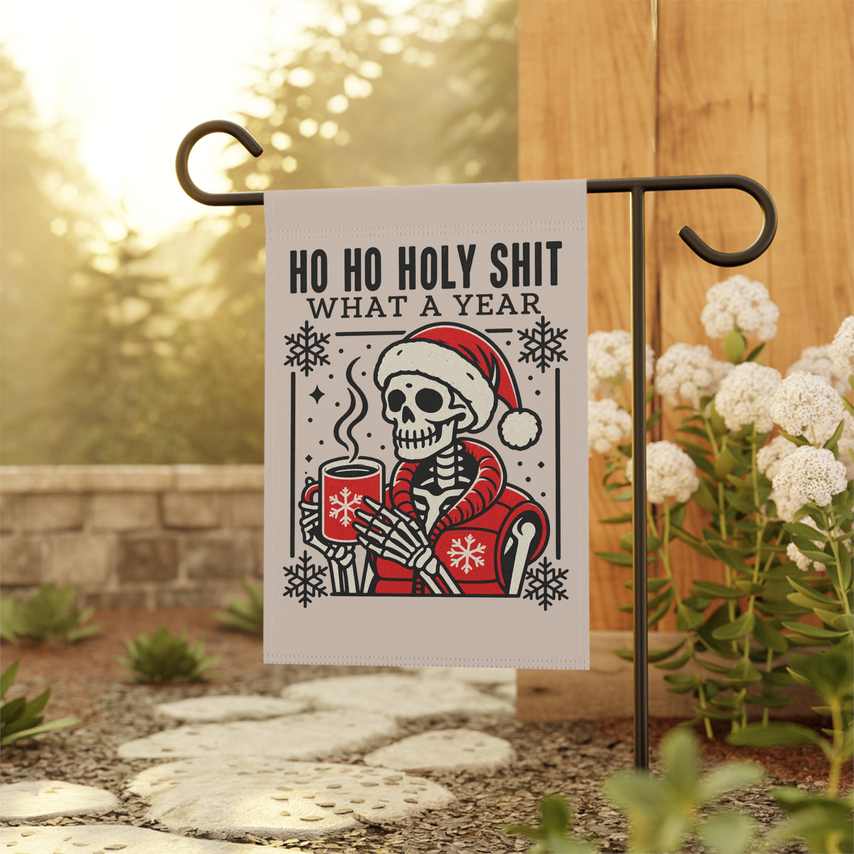 Garden Flag - "Ho Ho Holy Shit What a Year" Skeleton Santa Holiday Banner
