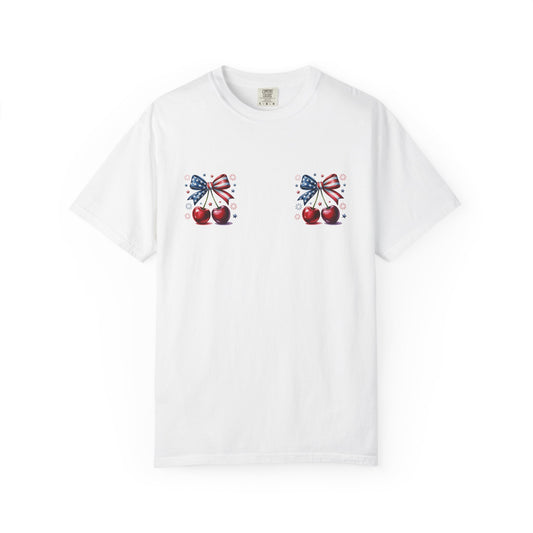 Patriotic Cherry T-Shirt — American Flag Bow Graphic